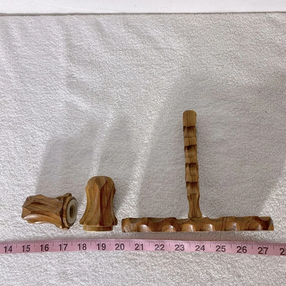 Vintage Hand Carved Wood Salt & Pepper Shakers With Carrier Stand - Picture 15 of 15